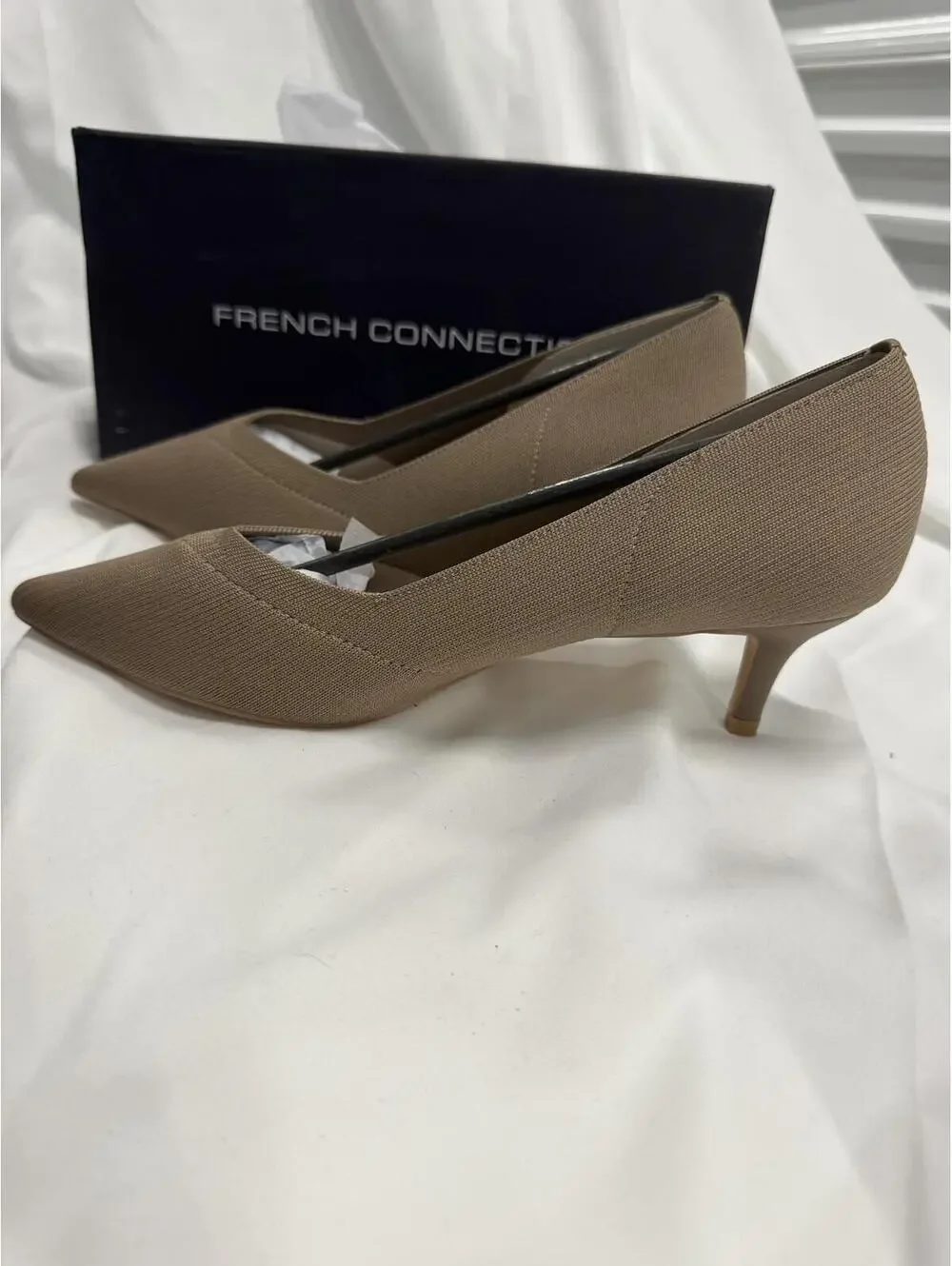 French Connection Women's Taupe Knit Pointed Toe Kitten Heel Pumps - Picture 3 of 8